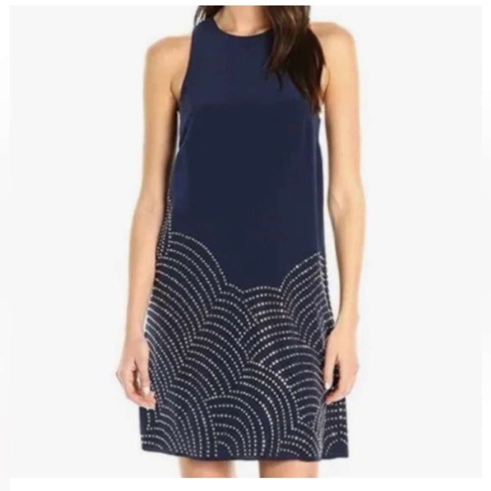 Trina Turk Navy Shift Cocktail Dress with gold embellishment